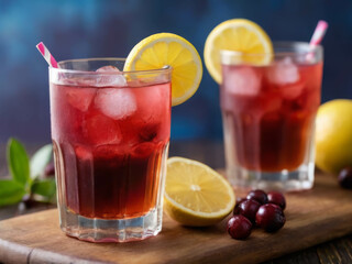 Iced drink -  cranberry tea or juice with ice , lemon and mint .