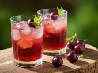 Iced drink -  cranberry tea or juice with ice , lemon and mint .