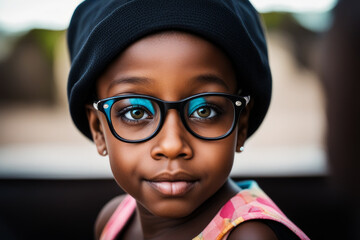 Modern confident African American teen girl in trendy glasses with knitted hat looking at camera