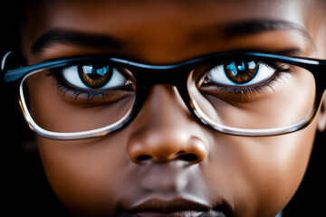 childhood, school and education concept - little african american girl in glasses over black background, close-up