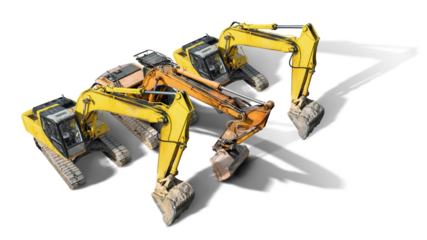 A photo showing a pair of powerful yellow construction excavators parked next to each other at a construction site. Isolated