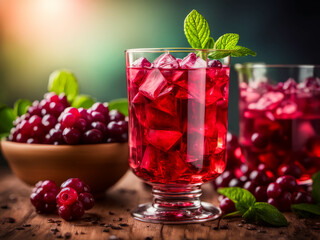 Iced drink -  cranberry tea or juice with ice and mint .