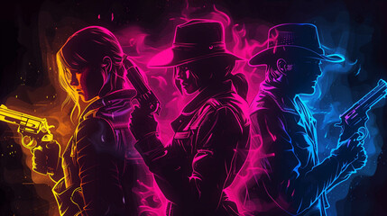 Pop icons silhouettes merge with video game graphics in neon - obrazy, fototapety, plakaty