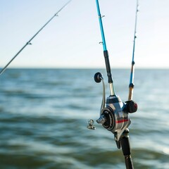 fishing rod and spinning reel and sea water background