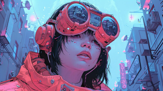 Kawaii culture cyberpunk aesthetics merge in digital illustrations