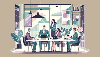 Conceptual vector illustration of a meeting scene at a company.	