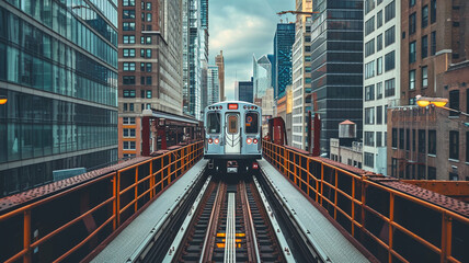 .A picture of a Elevated Train System with Modern Architecture in the Background featuring studio lighting