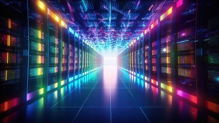 Data center or server room with colored light. Futuristic cloud computing technology for digital transformation concept.