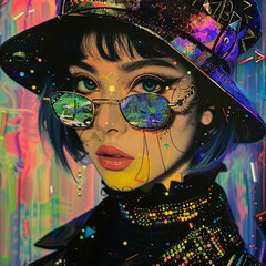 Cyberculture glam rock fuse in neon lit pop surrealism artworks