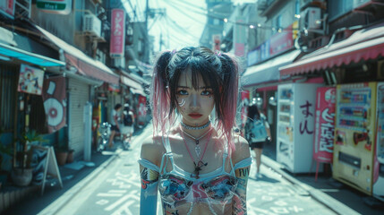 Anime vintage fashion blend in kawaii cyberpunk street scenes