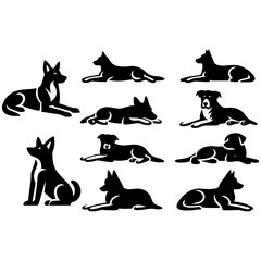 minimal Set of a Dog lay down different pose vector icon in flat style black color silhouette, separated each element, white background