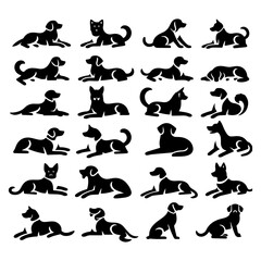 minimal Set of a Dog lay down different pose vector icon in flat style black color silhouette, separated each element, white background