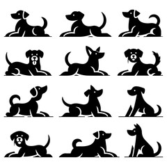 minimal Set of a Dog lay down different pose vector icon in flat style black color silhouette, separated each element, white background