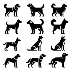 minimal Set of a Dog lay down different pose vector icon in flat style black color silhouette, separated each element, white background