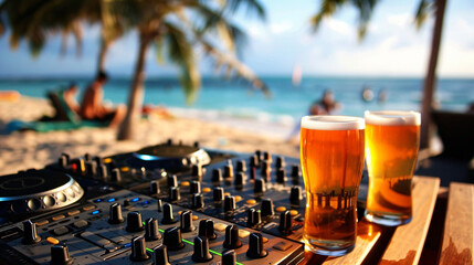 DJ console with beers and cocktails at the beach party.