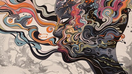 Obraz premium An illustration of a person's profile, as a form of anxiety, where their head is an open vessel from which abstract forms and colors pour out, contrasting sharply with the grey.