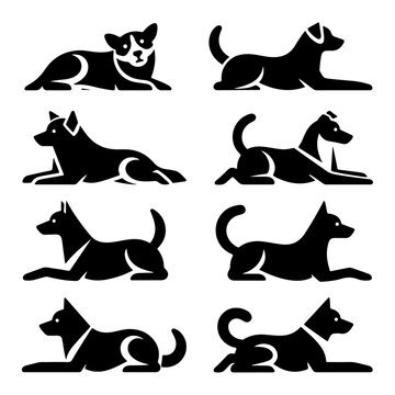 minimal Set of a Dog lay down different pose vector icon in flat style black color silhouette, separated each element, white background