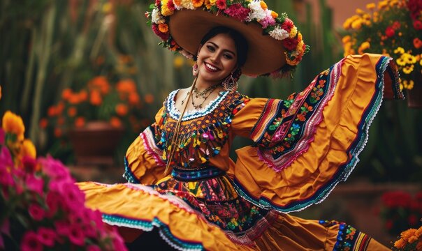 Beautiful mexican smiling and dancing gorgeous girl in traditional clothes with sombrero., pancho and heels. Amazing colorful flowers around her.