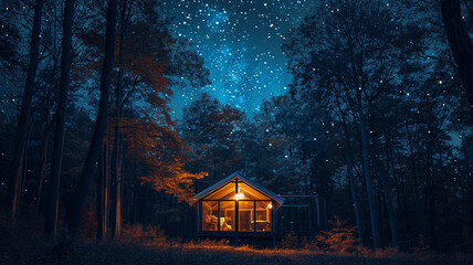 Fototapeta na wymiar .A surreal photograph of a glass hut under a starry night sky in the woods