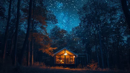 Foto op Canvas .A surreal photograph of a glass hut under a starry night sky in the woods © Samvel