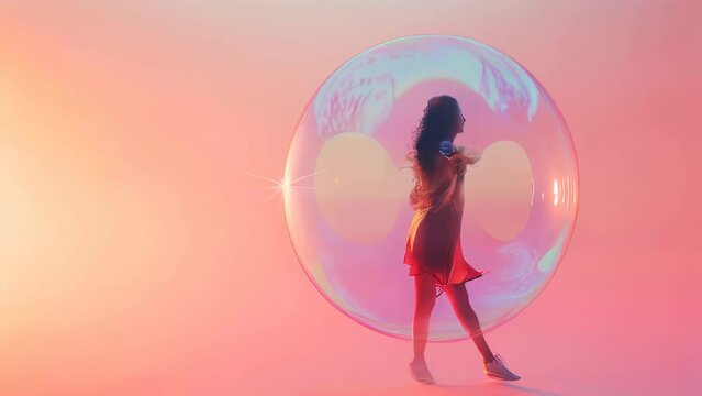 Silhouette of a woman standing inside a transparent giant bubble against a pink background
