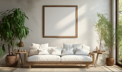 Cozy living white room, natural light, with empty 3 white frame on wall .