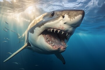 white shark underwater  - obrazy, fototapety, plakaty