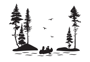 couple in love on a boat in the forest vector silhouette