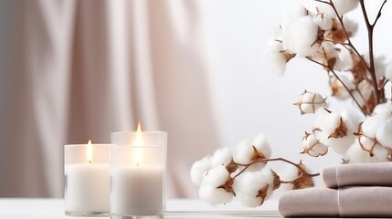 Burning candles and cotton flowers on white table in room, closeup