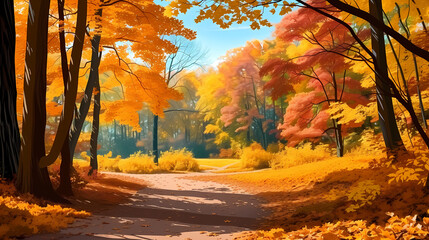 Fallen leaves in the forest in autumn, vibrant trees in the forest