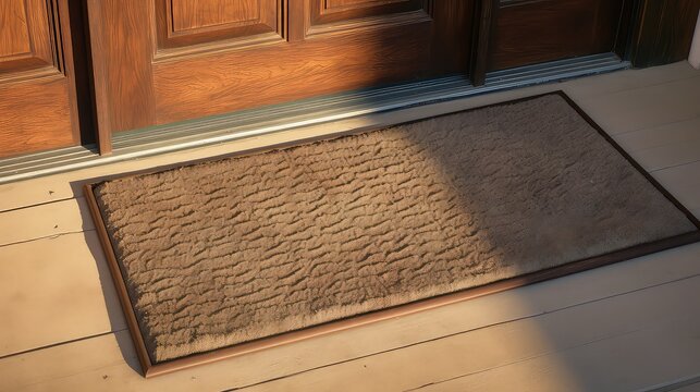 Door mat in front of the door. 3D rendering.