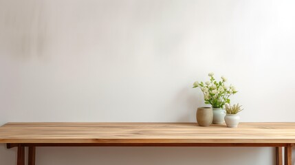 Fototapeta na wymiar Wooden shelf with vase and plant on white wall background.