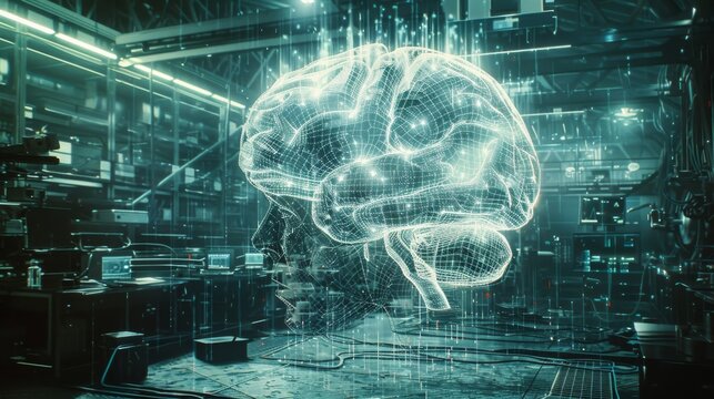 Digital representation of a human brain glowing with connectivity in a high-tech industrial environment.