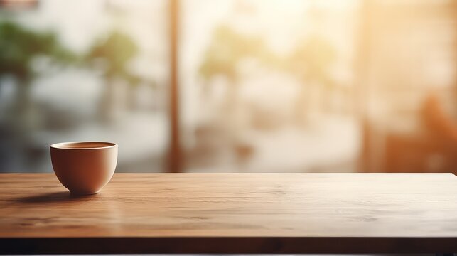 Coffee cup on wooden table in coffee shop, stock photo