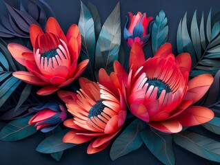 Exquisite handcrafted paper flowers in vibrant red and orange colors, with detailed foliage on a...