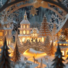 A meticulously crafted paper art scene of a winter village at night, illuminated with warm lights.