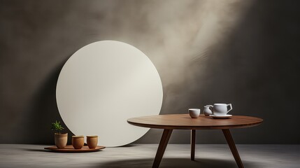 Coffee cup on wooden table and blank white round frame. 3d rendering