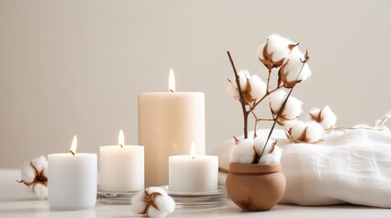 Fototapeta na wymiar Burning candles and cotton flowers on white wooden table in room.