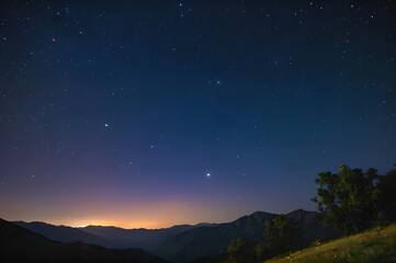 .Night sky with bright stars and planets.