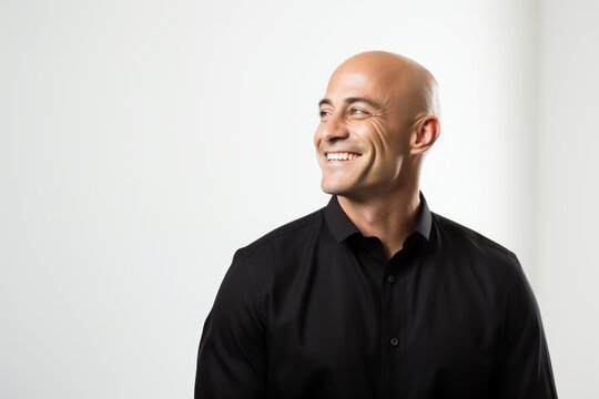 Portrait of a bald man in a black shirt on a white background