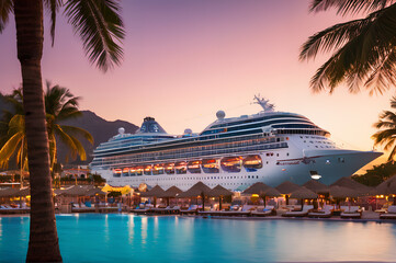 Fototapeta na wymiar A cruise ship standing by the shore, on the shore of palm trees, sun loungers, beautiful buildings.