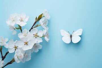 fresh cherry blossom and butterfly on blue background with copy space