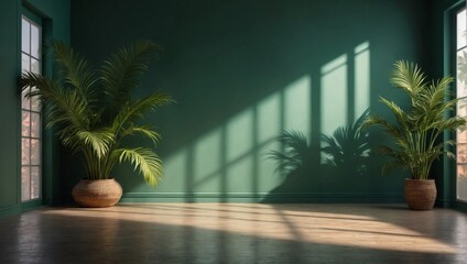 Green color gradient studio background for product presentation. Empty room with shadows of window and flowers and palm leaves. 3D room with copy space. Summer concert. Blurred backdrop.