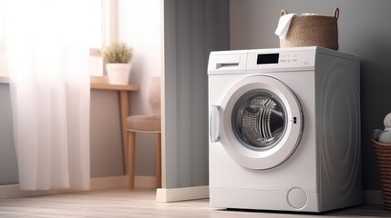 Washing machine in the laundry room. 3d rendering and illustration.