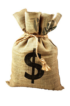 a sack of money with a dollar sign on it, placed on a isolated PNG, The sack is filled with US dollar bills, which are sticking out from the top