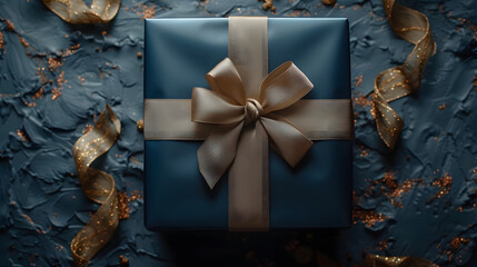 A blue gift box with a gold ribbon is wrapped and tied neatly. The box is placed on a textured surface with gold ribbon and stars scattered around.