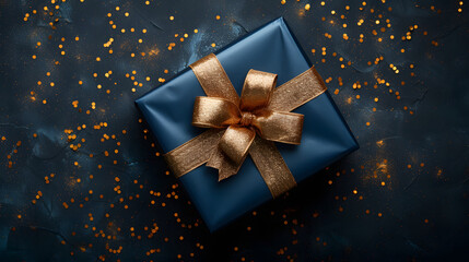 A blue gift box with a gold ribbon is wrapped and tied neatly. The box is placed on a textured surface with gold ribbon and stars scattered around.
