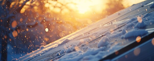 Snow covering the solar panel in sunset light - obrazy, fototapety, plakaty