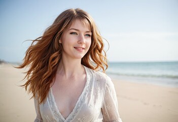 Fototapeta na wymiar Portrait of young ginger woman posing on a beach.