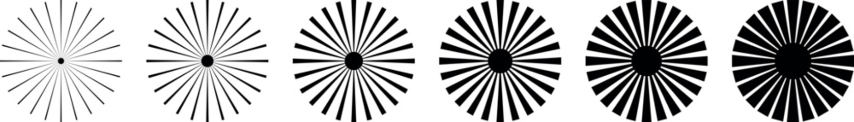 Set of sunburst vintage elements. Retro vector forms isolated on transparent background. Radial stripe icons, Bursting sun rays. Fireworks starburst logotype.  sunset beams Y2K illustration